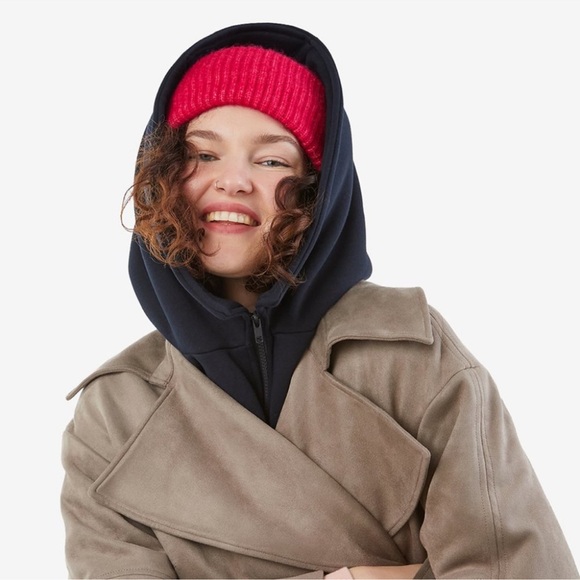 UNU Navy Blue Cotton Fleece Oversized Hooded Scarf Balaclava Removable Hood Hat